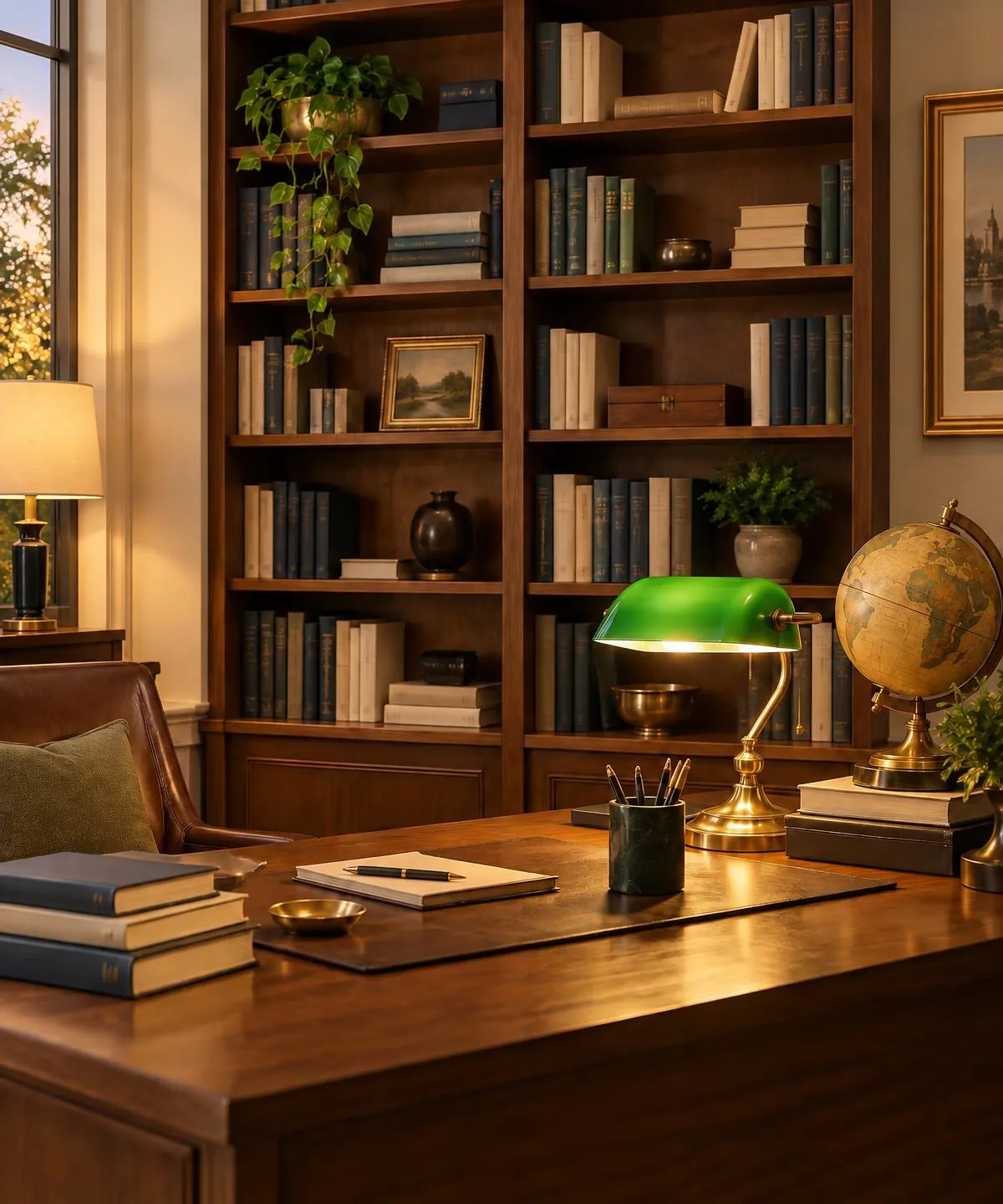 Stilvoller Arbeitsplatz mit Bücherregal, Schreibtischlampe, Globus und Notizbuch in warmem Licht