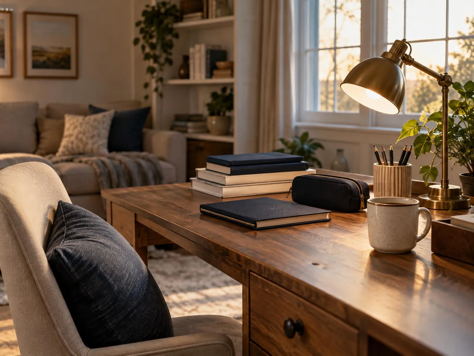 Gemütliche Lernecke im Wohnzimmer mit Schulbüchern, Federmäppchen und eingeschalteter Schreibtischlampe