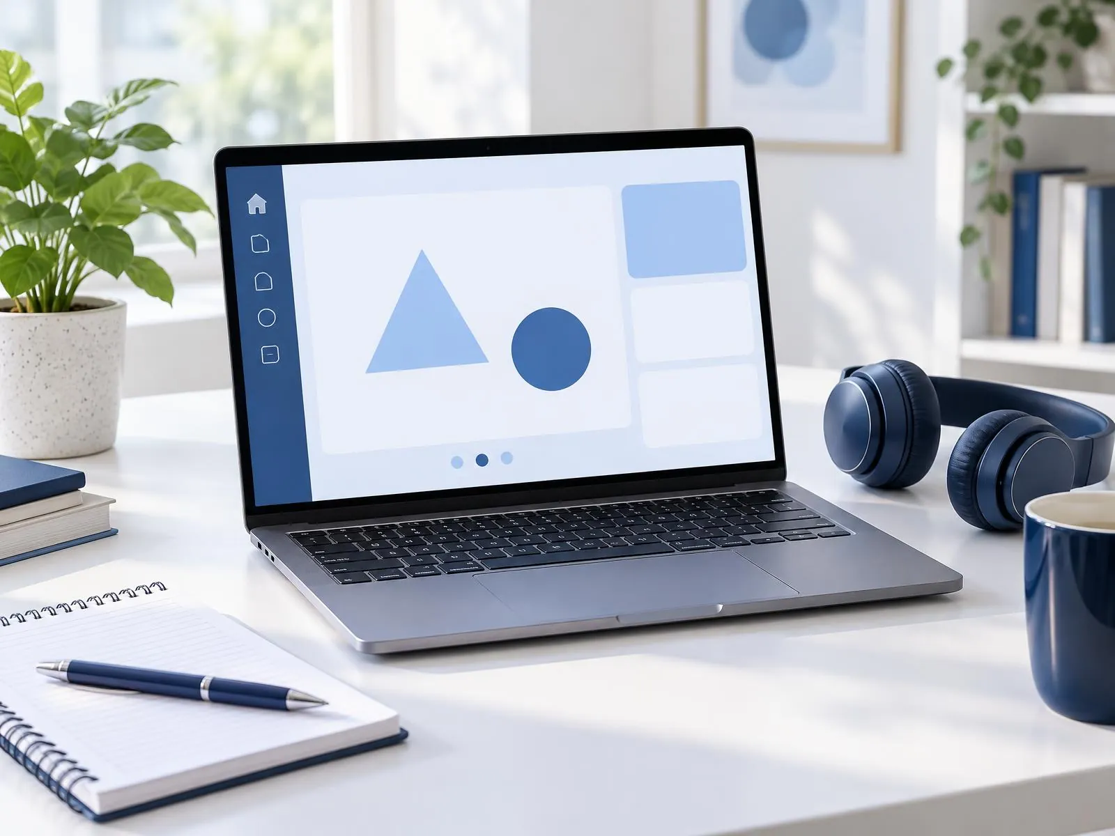 Aufgeklappter Laptop mit schlichter digitaler Lernoberfläche, daneben Kopfhörer, Notizblock und Stift